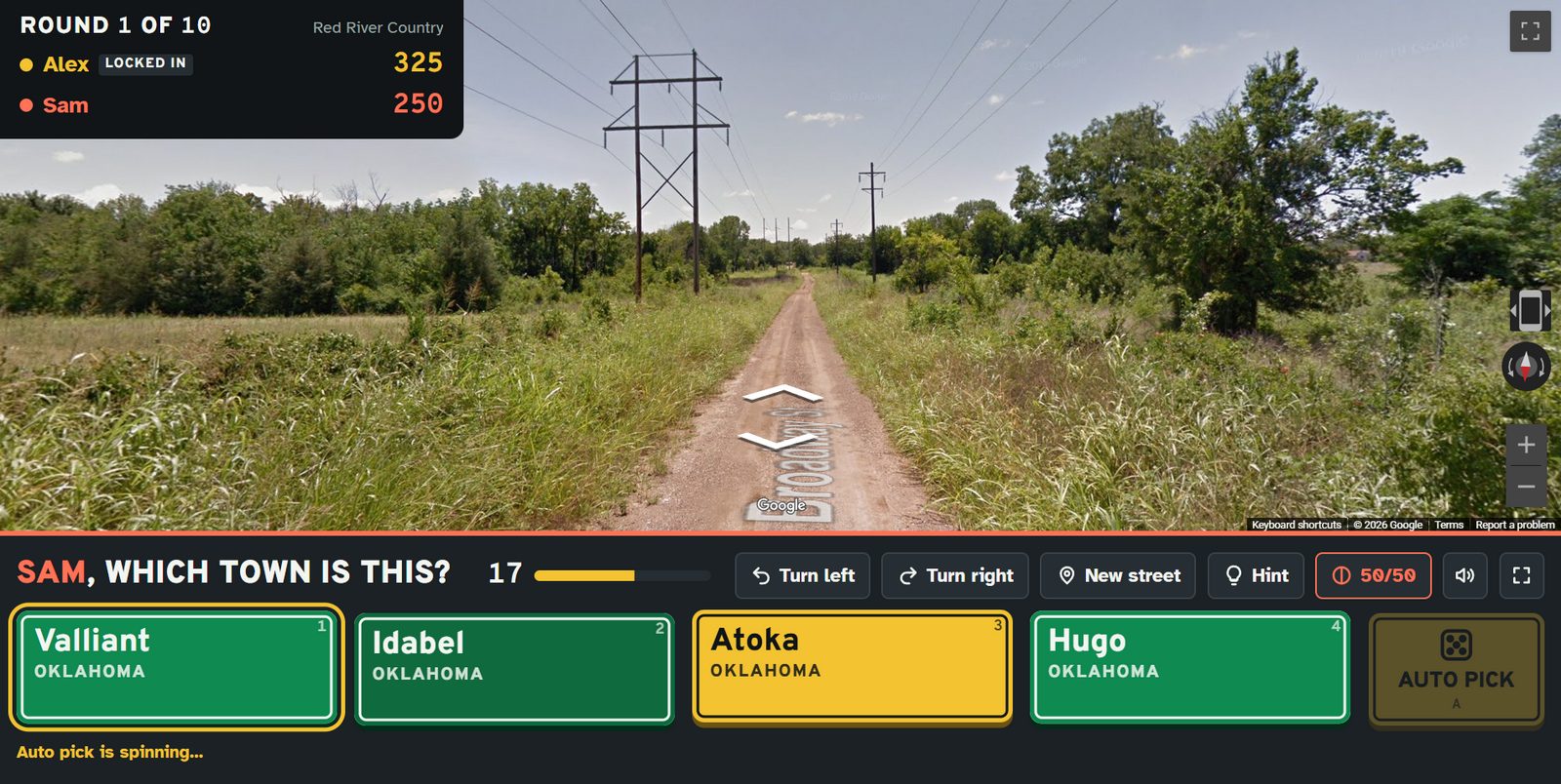 The Auto pick roulette highlighting one of the four town signs in yellow