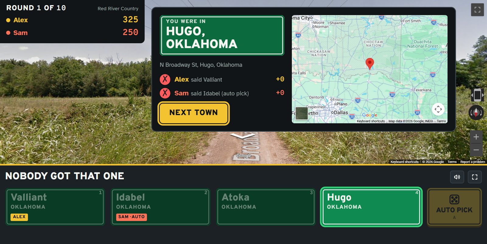 The reveal card showing the answer town on a green sign, each player's guess, points and a map