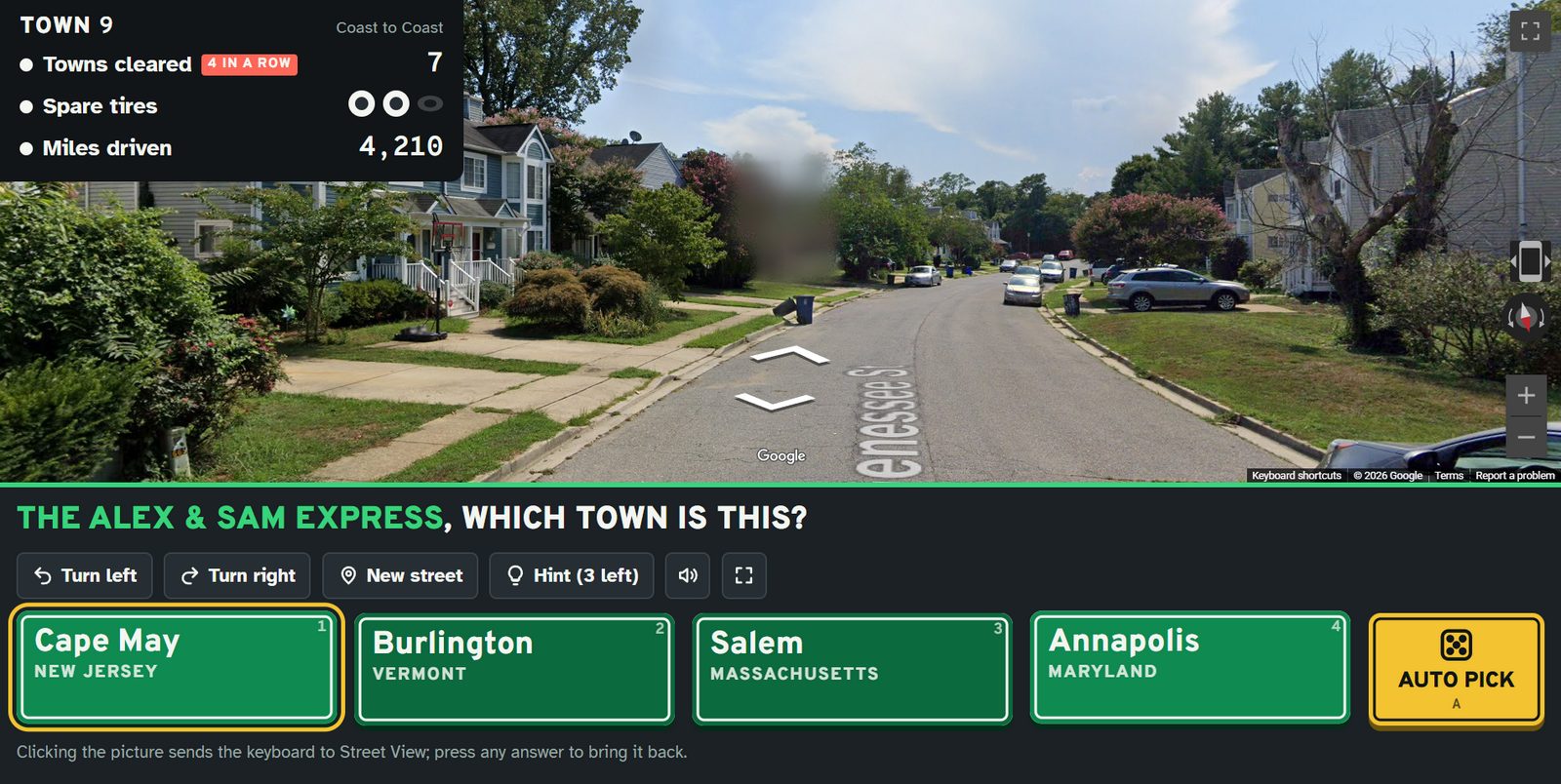 Road Trip mode: the scoreboard shows 7 towns cleared, two of three spare tires left and 4,210 miles driven