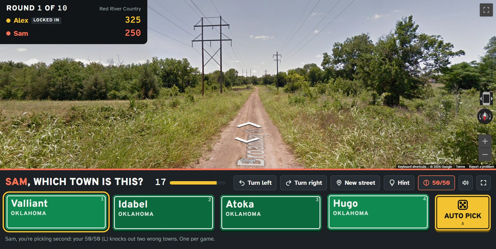 Town Hunt on a TV: a Street View road with four green highway-sign answers, Valliant, Idabel, Atoka and Hugo, plus a yellow Auto pick sign